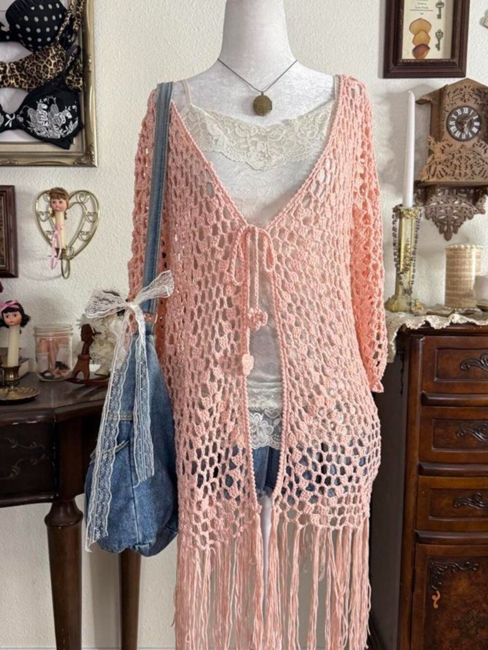 Fairy grunge whimsical boho pink crochet short sleeve tie front cardigan